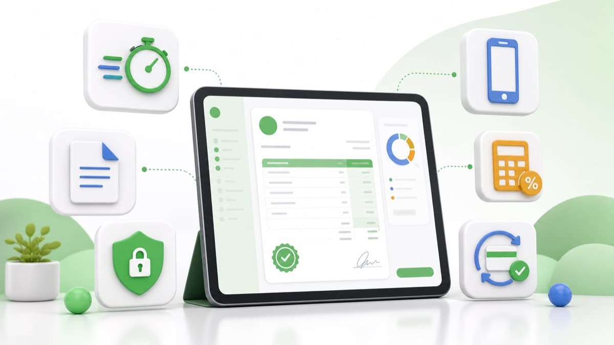 Tablet invoice dashboard surrounded by benefit icons for speed, PDF, privacy, and payment tracking