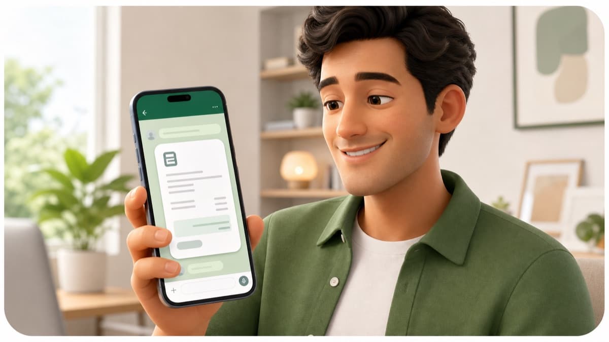 Customer smiling while viewing an invoice card in a green chat app on a smartphone