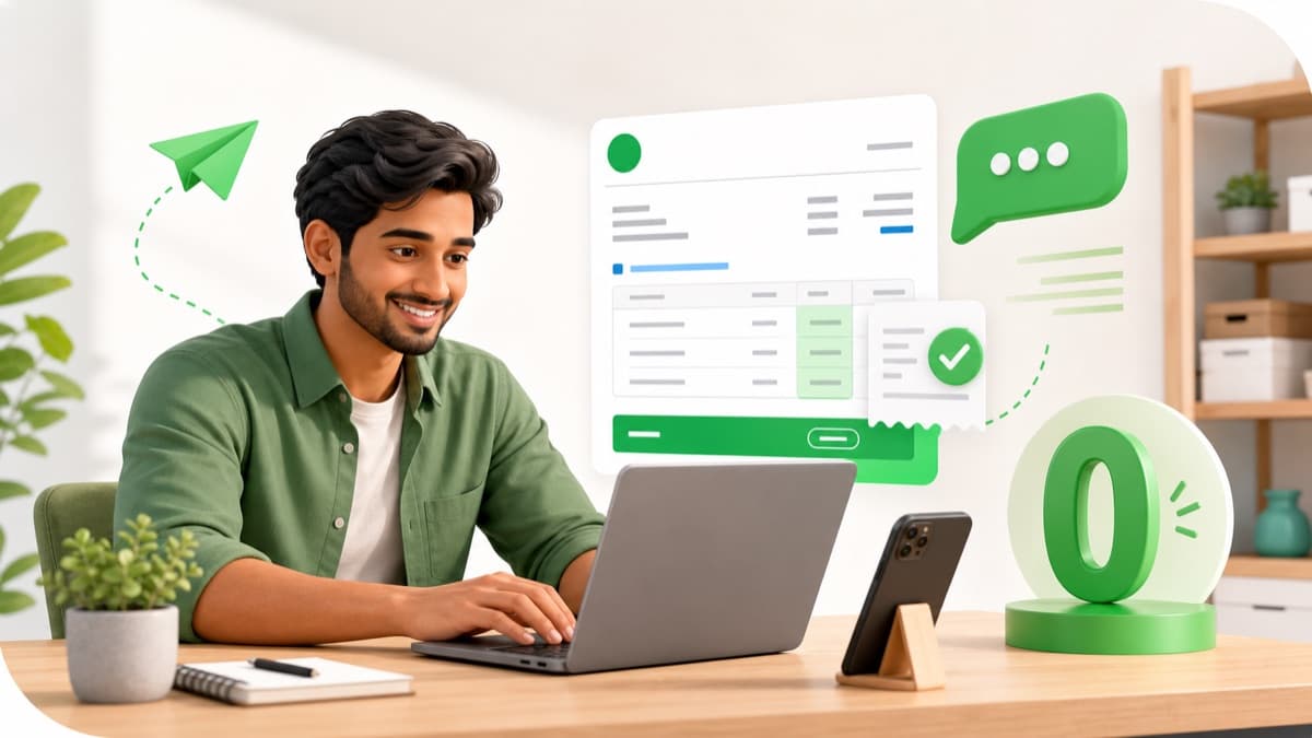 Small business owner creating a free invoice on a laptop with a green chat motif