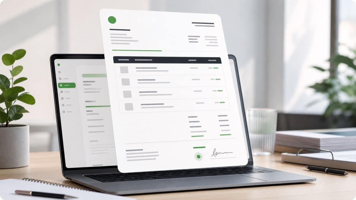 Professional invoice preview floating above a laptop in a clean workspace
