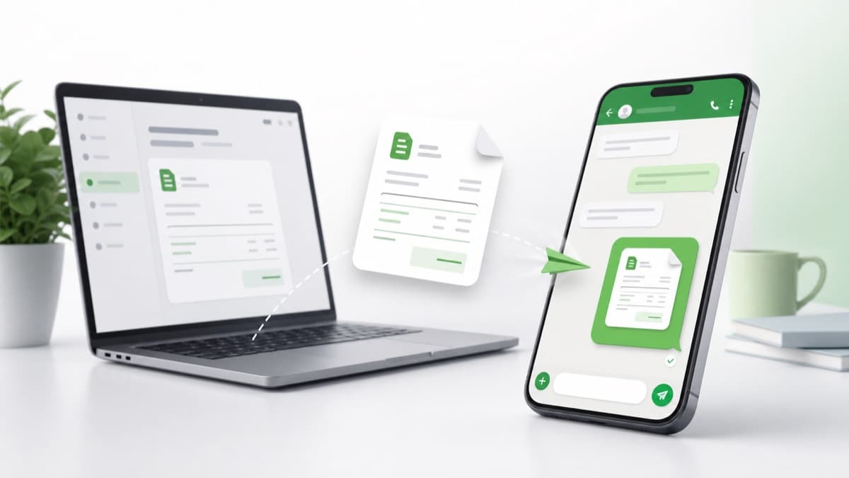 Invoice card moving from a laptop into a green chat app on a smartphone